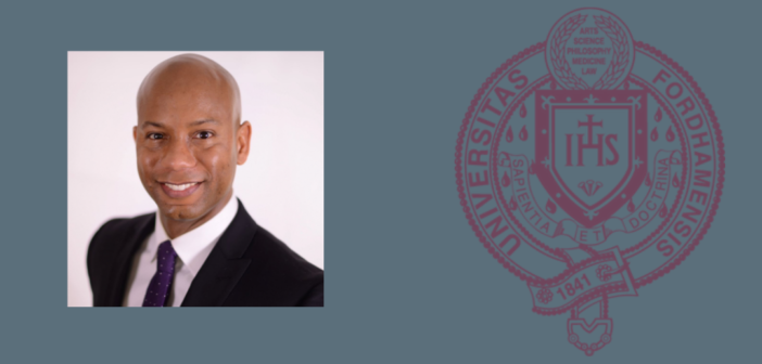 Headshot of Derek Tice-Brown, Ph.D., on a blue background next to the Fordham seal