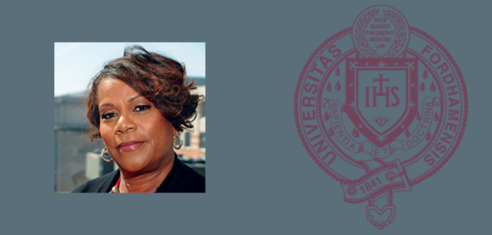 headshot of Mildred Joyner on blue background next to Fordham seal