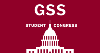 text that reads "GSS Student congress" in white on a maroon background, over a vector image of the Capitol building