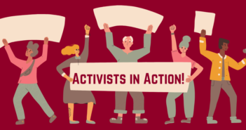 Cartoon vectors holding up activist signs on a maroon background