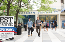 Fordham's Lincoln Center campus with U.S. News & World Report ranking badge