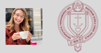 headshot of hannah babiss next to maroon Fordham seal on grey background