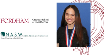 headshot of farah reynoso over maroon gss seal, next to fordham gss and nasw-nyc tagline logos