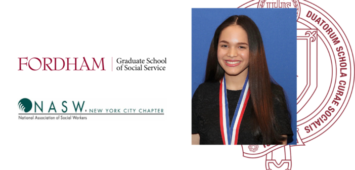 headshot of farah reynoso over maroon gss seal, next to fordham gss and nasw-nyc tagline logos