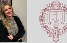 headshot of nicole rachlin, gss '19, next to a maroon seal on a grey background