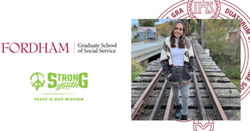 photo of eve pollack standing on an old train track. the photo is overlaid on a maroon gss seal. next to it are the logos for fordham gss and strong youth