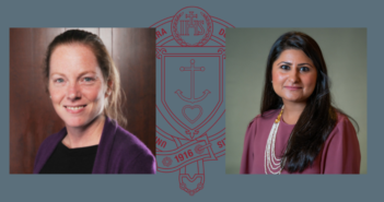 headshots of abigail ross (left) and rahbel rahman (right) on a maroon gss seal. the background of the entire image is blue.