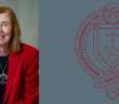 headshot of elaine congress next to a maroon gss seal. there is a blue background.