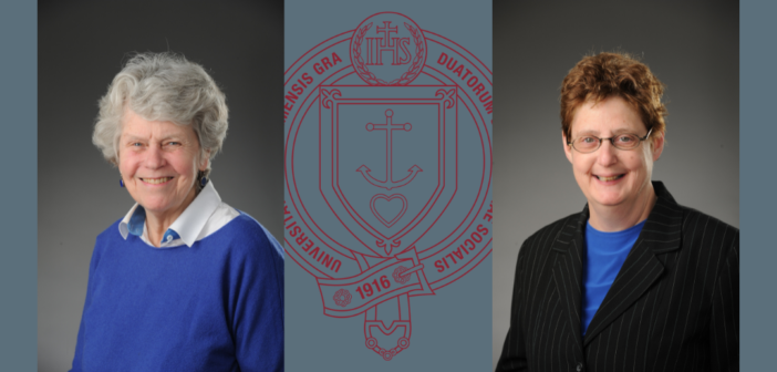 headshots of dr. sandra turner (left) and dr. tina maschi (right.) behind them is a maroon gss seal. the background of the entire image is blue.