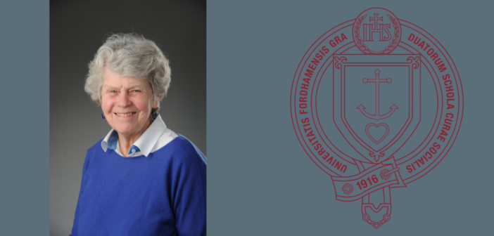 headshot of sandra turner next to a maroon gss seal. all on a blue background.