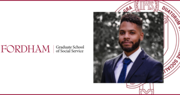 A headshot of harvey cruz. he is wearing a blue suit and tie with a white undershirt. he is looking at the camera and smiling. there are trees in the background. behind this image is a maroon gss seal. to the left is the fordham logo written out. the background of the entire image is white with a maroon border.