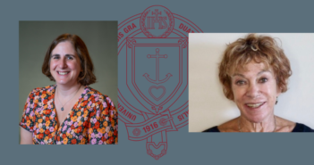 headshots of dana marlowe (left) and carole cox (right) on top of a maroon gss seal. The background of the image is blue.