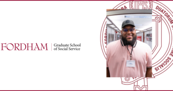 The Road to Becoming a School Social Worker headshot of jacob mercado over a maroon gss seal. to the left is the fordham gss logo. this is all on a white background with a maroon border.