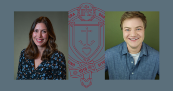 headshots of Jenn Lilly (left) and Maddox Emerick (right) over a maroon gss seal. The background of the entire photo is blue.