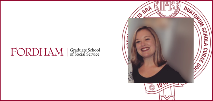 headshot of kailey mcgarvey in front of a maroon gss seal. the fordham logo is to the left. the background of the image is white with a maroon border.