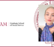 a headshot of leah fish on top of a maroon gss seal. the fordham gss logo is to the left. the background of the whole image is white with a maroon border