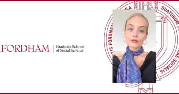 Same Classroom, New Purpose: MSW Student Finds Love for School Social Work While Substitute Teaching a headshot of leah fish on top of a maroon gss seal. the fordham gss logo is to the left. the background of the whole image is white with a maroon border