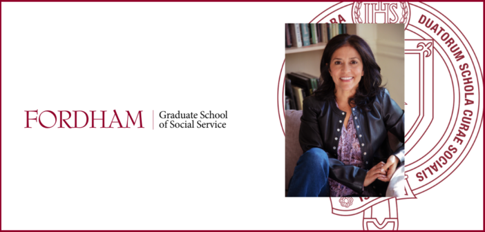 headshot of lisa weinert on top of a maroon gss seal. the fordham gss logo is to the left. the background of the whole image is white with a maroon border.