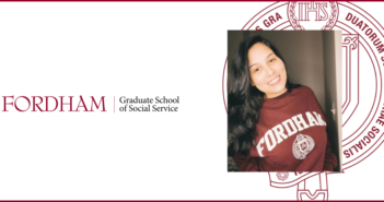headshot of gabby cocco on top of the fordham seal. the fordham logo is to the left.