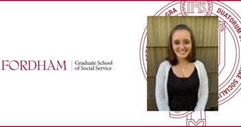 MSW Grad Impacts Classrooms Holistically as a School Social Worker a headshot of juliana caputo next to the fordham gss logo. a maroon gss seal is behind her. the background of the whole image is white with a maroon border.