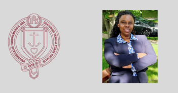 a photo of Tamika McKnight-Ray next to a maroon gss seal. the background of the whole image is grey.