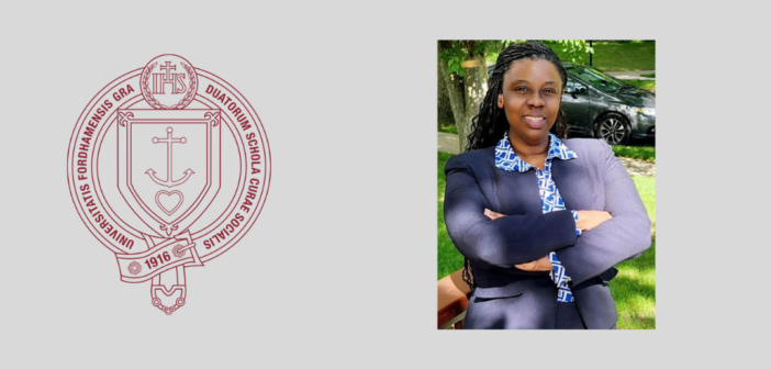 a photo of Tamika McKnight-Ray next to a maroon gss seal. the background of the whole image is grey.