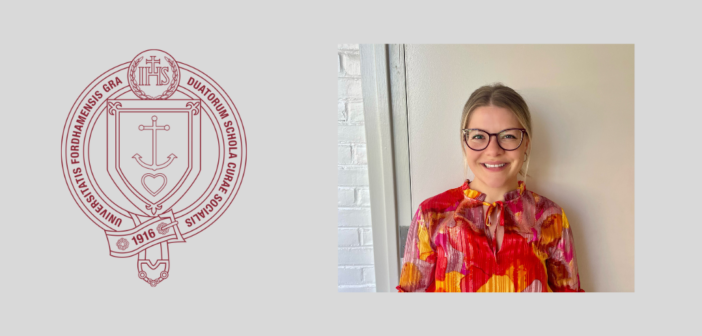 headshot of madelynn schulte next to a maroon gss seal. the background of the entire image is gray.