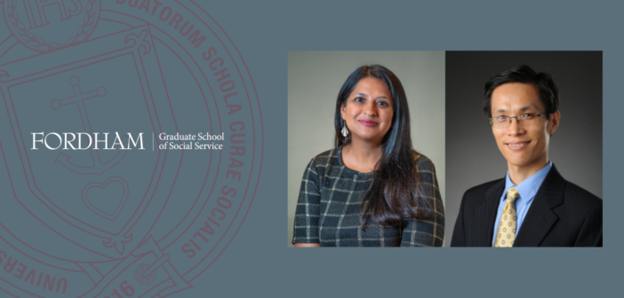 headshots of sameena azhar and fuhua zhai next to the fordham gss logo. the background of the image is blue.