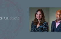 headshots of jenn lilly and derek tice-brown next to the fordham gss logo in white and the gss seal in maroon. the background of the whle image is blue.