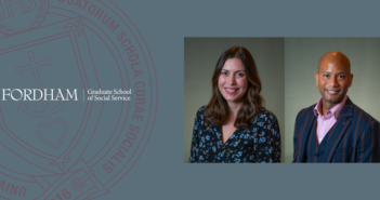 headshots of jenn lilly and derek tice-brown next to the fordham gss logo in white and the gss seal in maroon. the background of the whle image is blue.