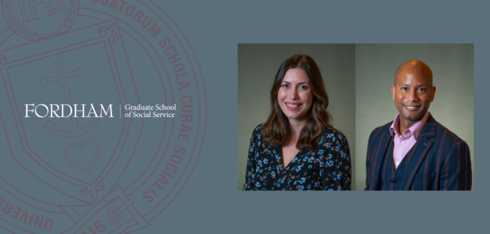 headshots of jenn lilly and derek tice-brown next to the fordham gss logo in white and the gss seal in maroon. the background of the whle image is blue.