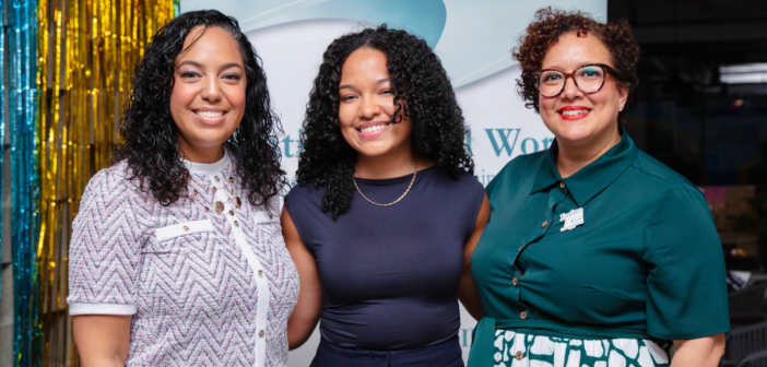 Eileen Castillo (middle) smiles for a photo with LSWC Executive Director, Luisa Lopez MSW; and the Education Chair of LSWC, Monika Estrada-Guzman, LMSW.