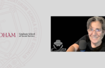 screenshot of grace telesco with her Dr. T podcast logo to the left of her. Beside her is the maroon gss seal and the fordham gss logo. the background of the entire image is gray.