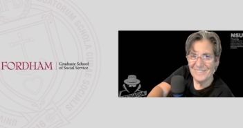 screenshot of grace telesco with her Dr. T podcast logo to the left of her. Beside her is the maroon gss seal and the fordham gss logo. the background of the entire image is gray.