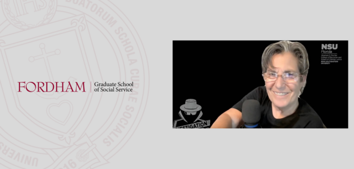 screenshot of grace telesco with her Dr. T podcast logo to the left of her. Beside her is the maroon gss seal and the fordham gss logo. the background of the entire image is gray.