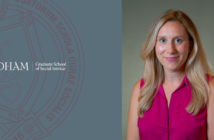 headshot of dr. elizabeth matthews next to the gss seal and gss logo. the background of the image is blue.