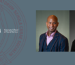 headshots of dr. derek-tice-brown and dr. laura wernick. to their left is a maroon gss seal with the fordham gss written logo above it. the background of the entire image is blue.