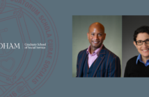 headshots of dr. derek-tice-brown and dr. laura wernick. to their left is a maroon gss seal with the fordham gss written logo above it. the background of the entire image is blue.