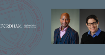 headshots of dr. derek-tice-brown and dr. laura wernick. to their left is a maroon gss seal with the fordham gss written logo above it. the background of the entire image is blue.