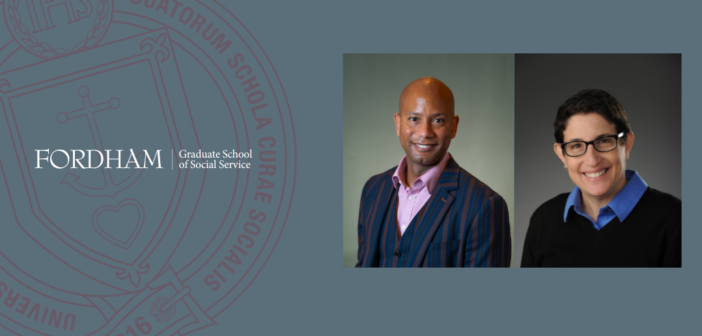 headshots of dr. derek-tice-brown and dr. laura wernick. to their left is a maroon gss seal with the fordham gss written logo above it. the background of the entire image is blue.