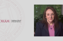 a headshot of mary beth morrissey. to the left is the fordham gss logo. the gss seal is behind that in maroon. the background of the entire image is gray.