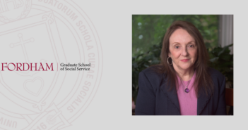 a headshot of mary beth morrissey. to the left is the fordham gss logo. the gss seal is behind that in maroon. the background of the entire image is gray.