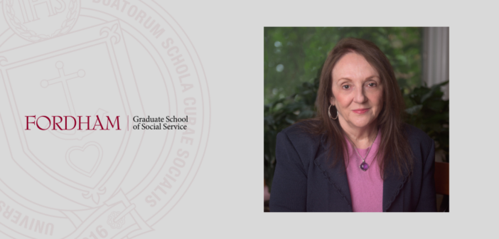 a headshot of mary beth morrissey. to the left is the fordham gss logo. the gss seal is behind that in maroon. the background of the entire image is gray.