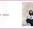 photo of natalia arai in front of the fordham seal, which is carved into the side of fordham's law school building. to the left of her image is the gss seal in maroon, with the fordham gss written logo above it.