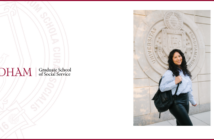 photo of natalia arai in front of the fordham seal, which is carved into the side of fordham's law school building. to the left of her image is the gss seal in maroon, with the fordham gss written logo above it.