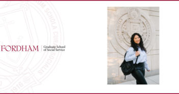 photo of natalia arai in front of the fordham seal, which is carved into the side of fordham's law school building. to the left of her image is the gss seal in maroon, with the fordham gss written logo above it.