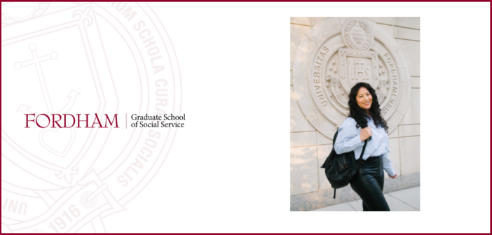 photo of natalia arai in front of the fordham seal, which is carved into the side of fordham's law school building. to the left of her image is the gss seal in maroon, with the fordham gss written logo above it.