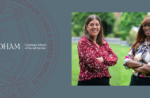 headshots of dr. melissa mason and dr. lakeia murray standing in the lincoln center campus courtyard with arms crossed and smiling. to their left is the fordham gss seal in maroon, and the fordham gss logo overlayed in white. the background of the entire design is blue.