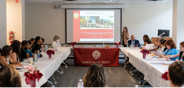 Fordham MSW students listen to a presentation about the school social work field education program from Dr. Janna Heyman
