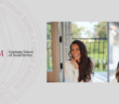 headshots of meaghan barakett and kara byron next to the fordham logo.